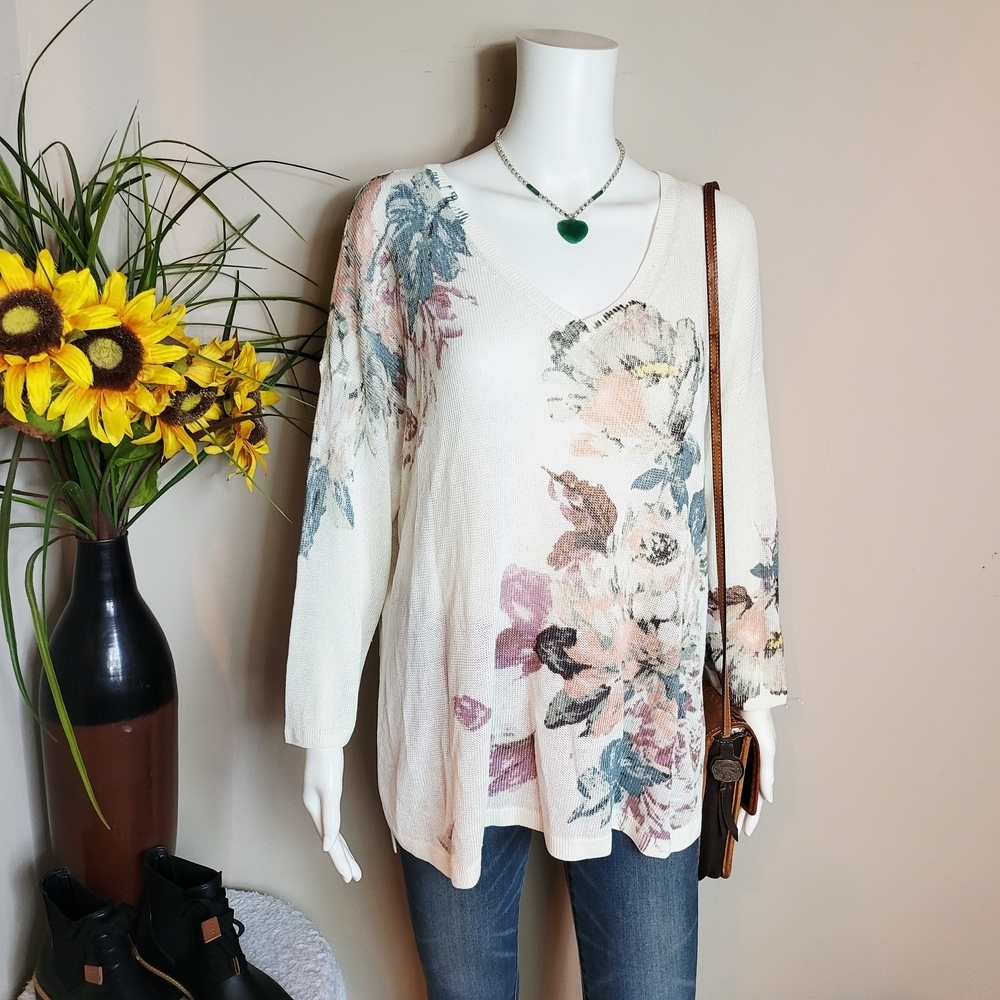 J. Jill Linen Floral Tunic Top Boho Cottagecore V Neck Oversized L - Picture 3 of 6